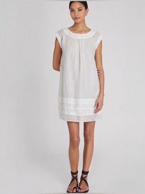 Club Monaco 100% Silk Cream Lightweight Striped Pleated Hem Shift Mini Dress 8